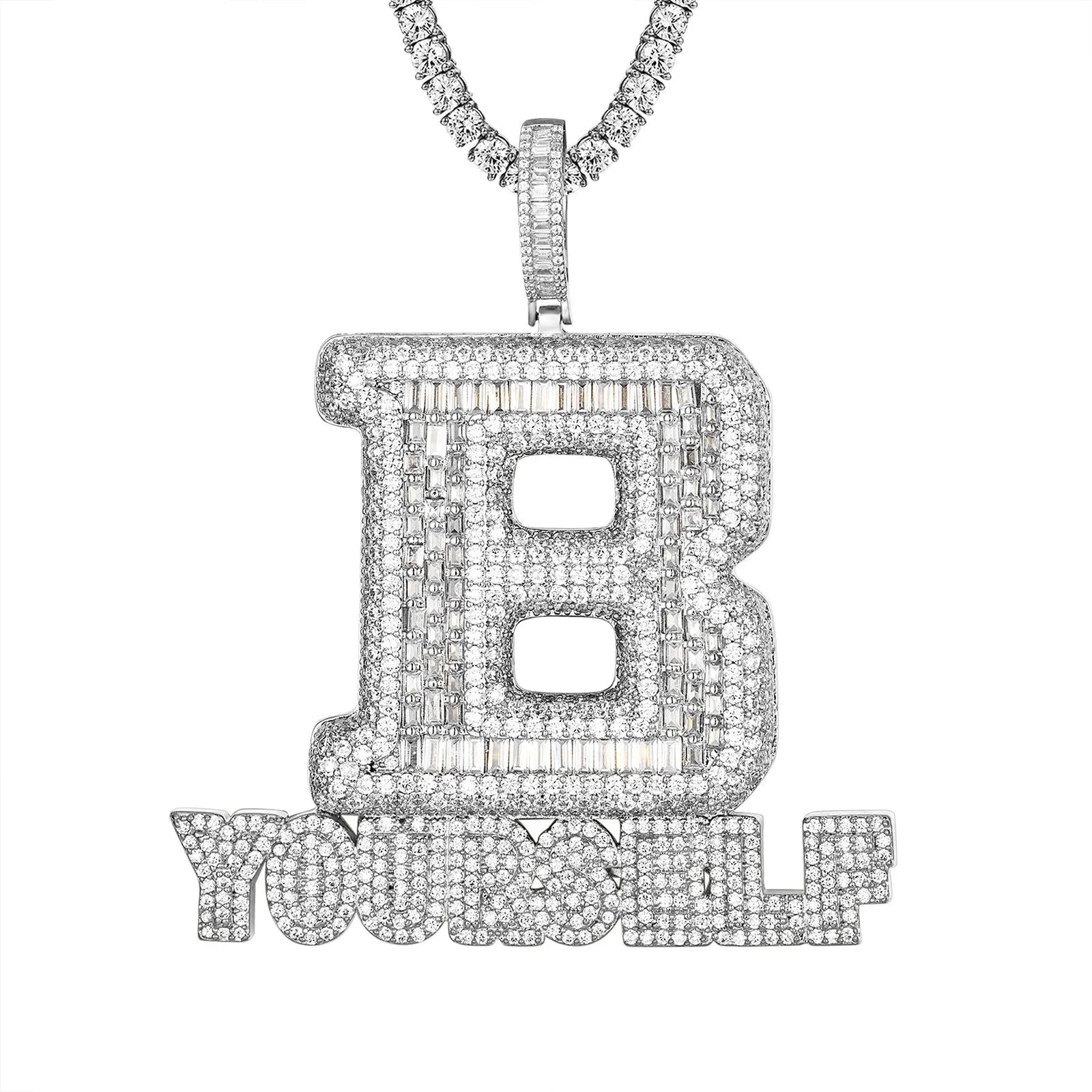 14K White Tone Baguette B Yourself Word Icy Hip Hop Pendant