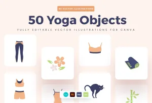 50 Unique Yoga Objects Illustrations Fully Editable in Canva