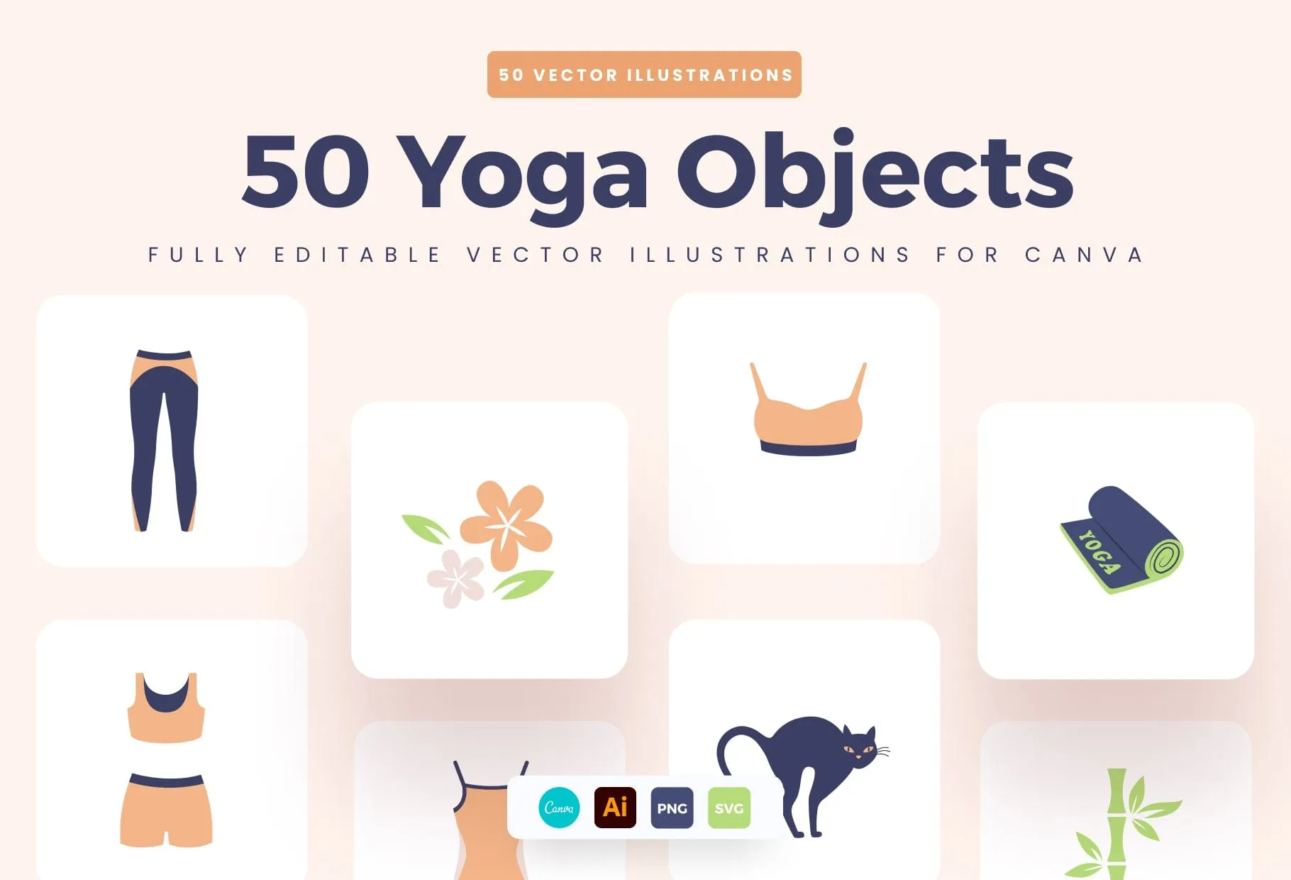 50 Unique Yoga Objects Illustrations Fully Editable in Canva