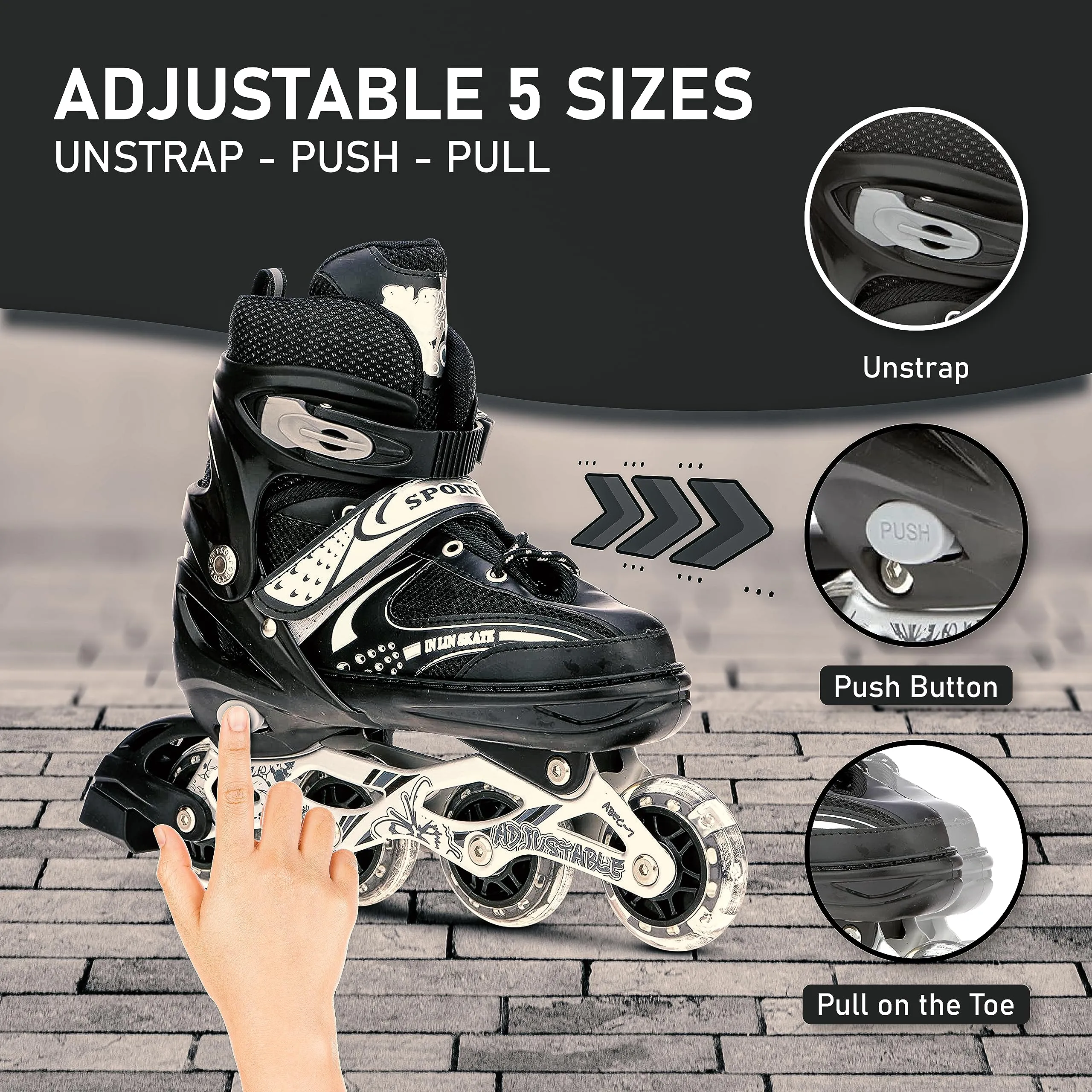 733 Aluminum-Alloy Adjustable Inline Skates | 70mm Wheels | Large (Black)