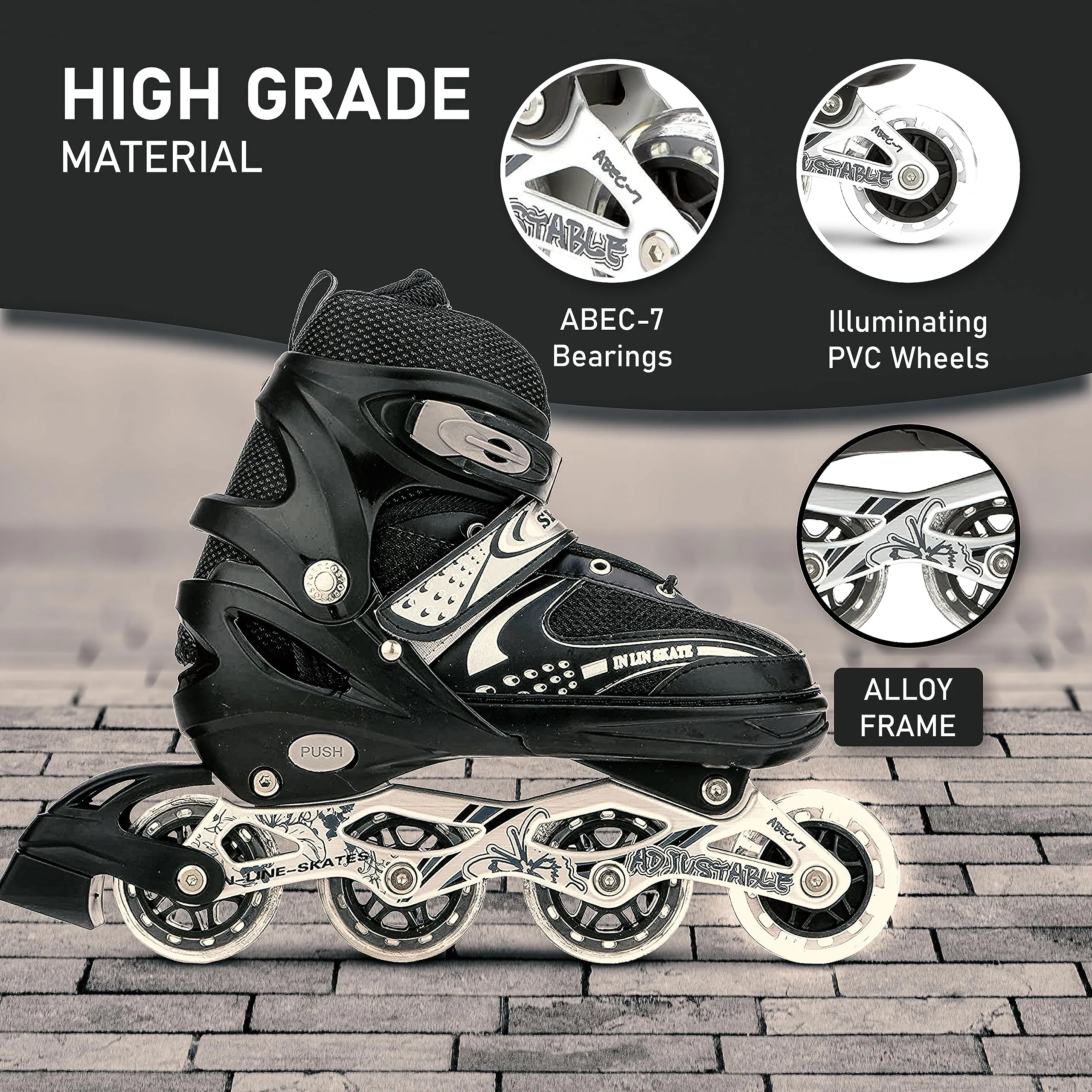 733 Aluminum-Alloy Adjustable Inline Skates | 70mm Wheels | Large (Black)