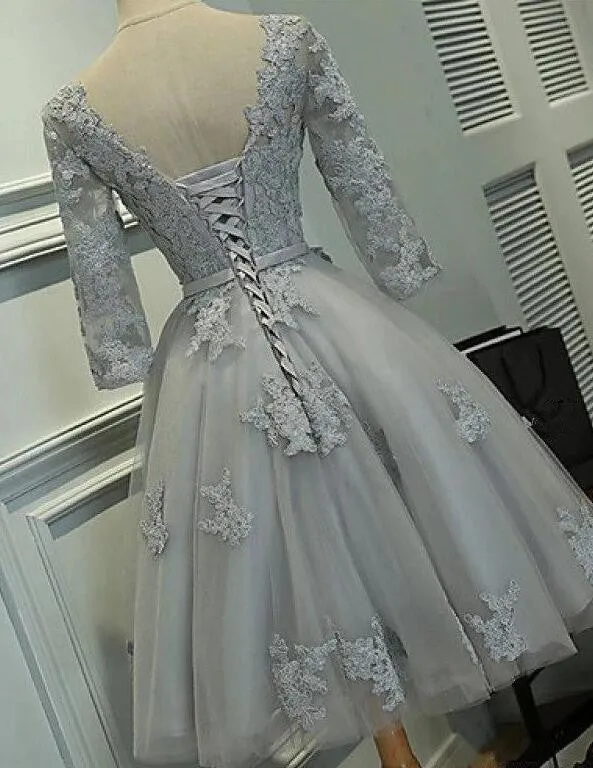 Cute Short Grey Lace Homecoming Dresses, Tulle Party Dress