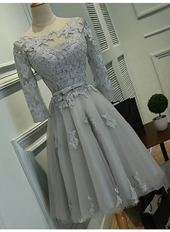 Cute Short Grey Lace Homecoming Dresses, Tulle Party Dress