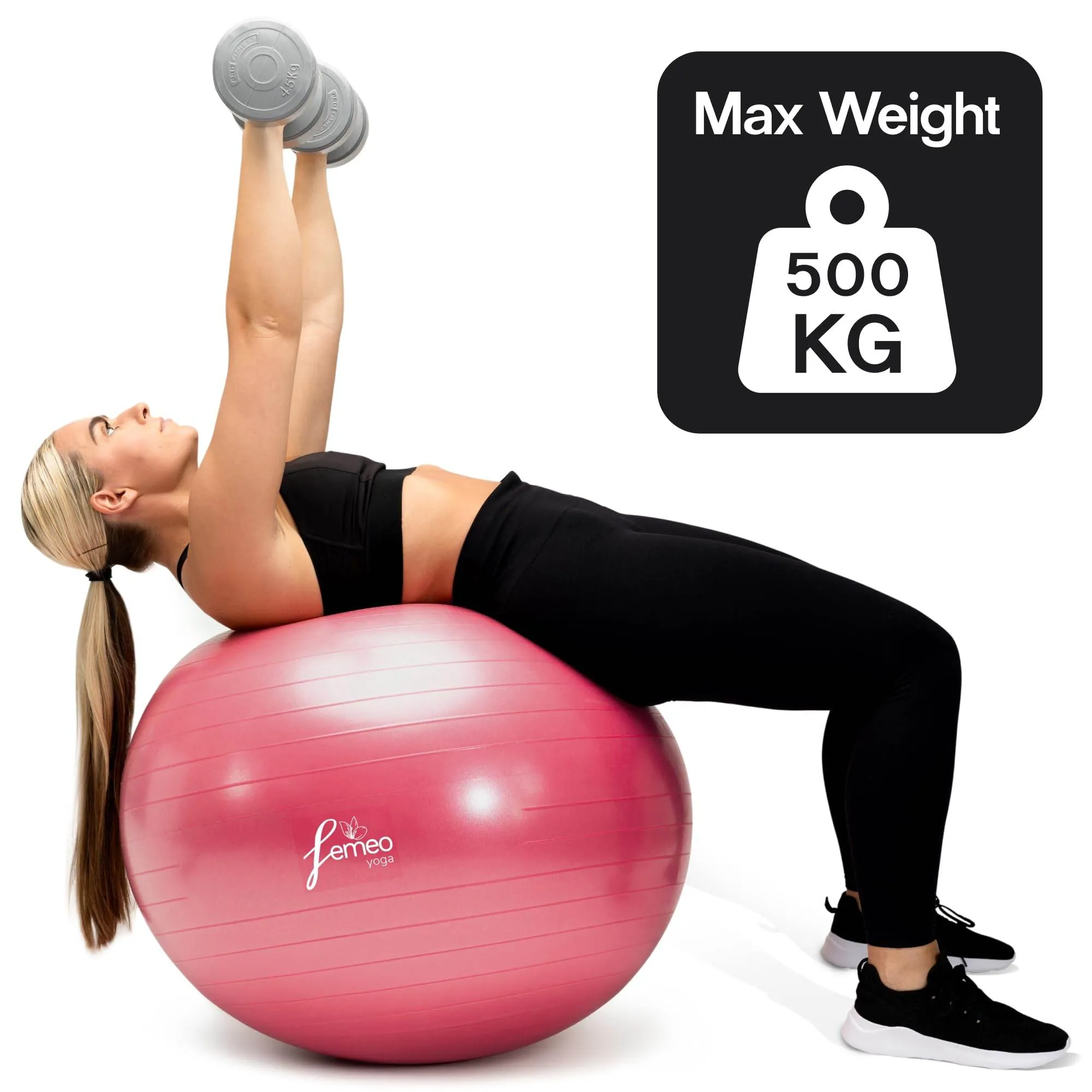 Femeo® Exercise Ball for Yoga, Stability, Pregnancy Pilates & Birthing | 100 Page Book | Over 50 Workout Exercises | Anti Burst Pink 65cm