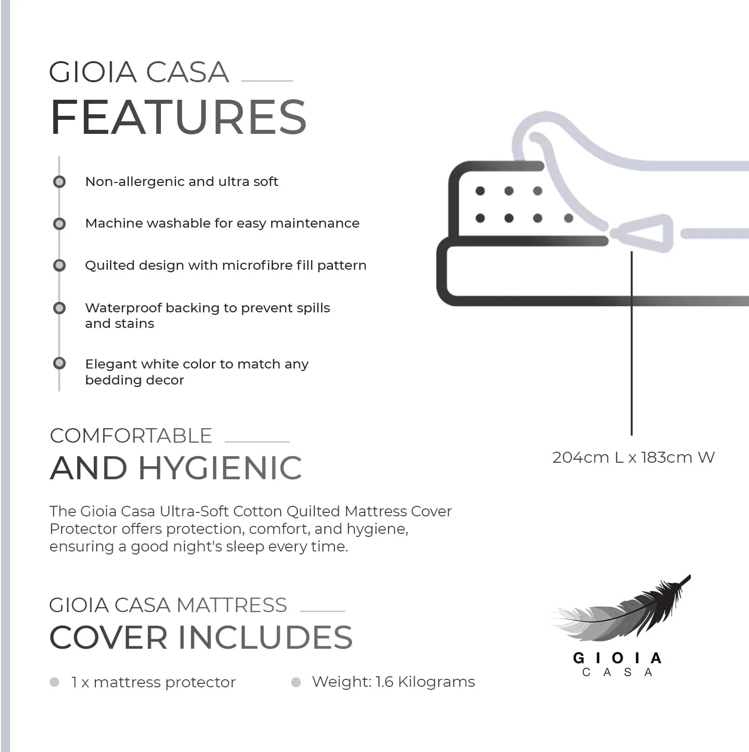 Gioia Casa 100% Ultra-Soft Cotton Quilted Anti-Microbial Mattress Cover Protector - King Size