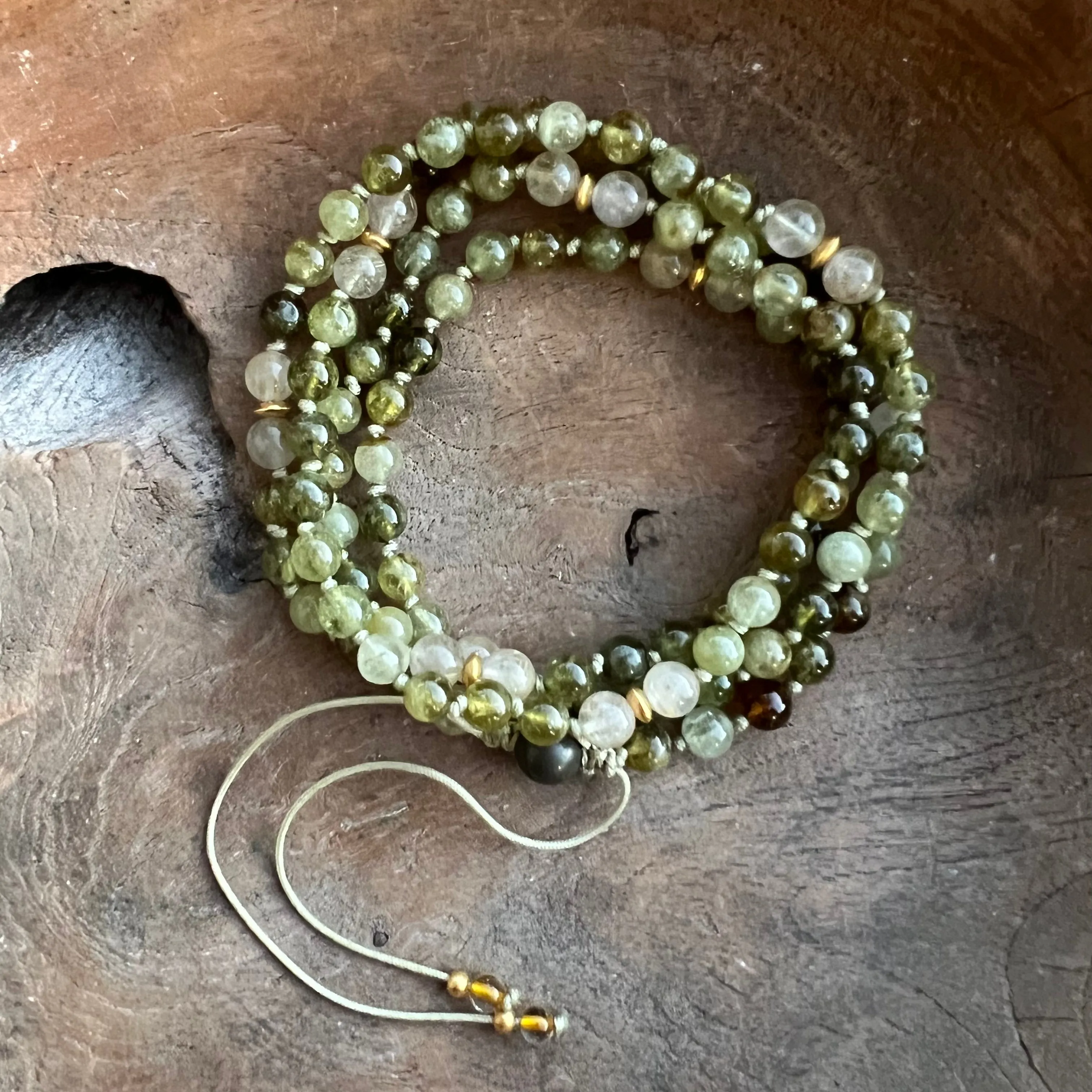 Green Garnet and Rutilated Quartz Adjustable Mala