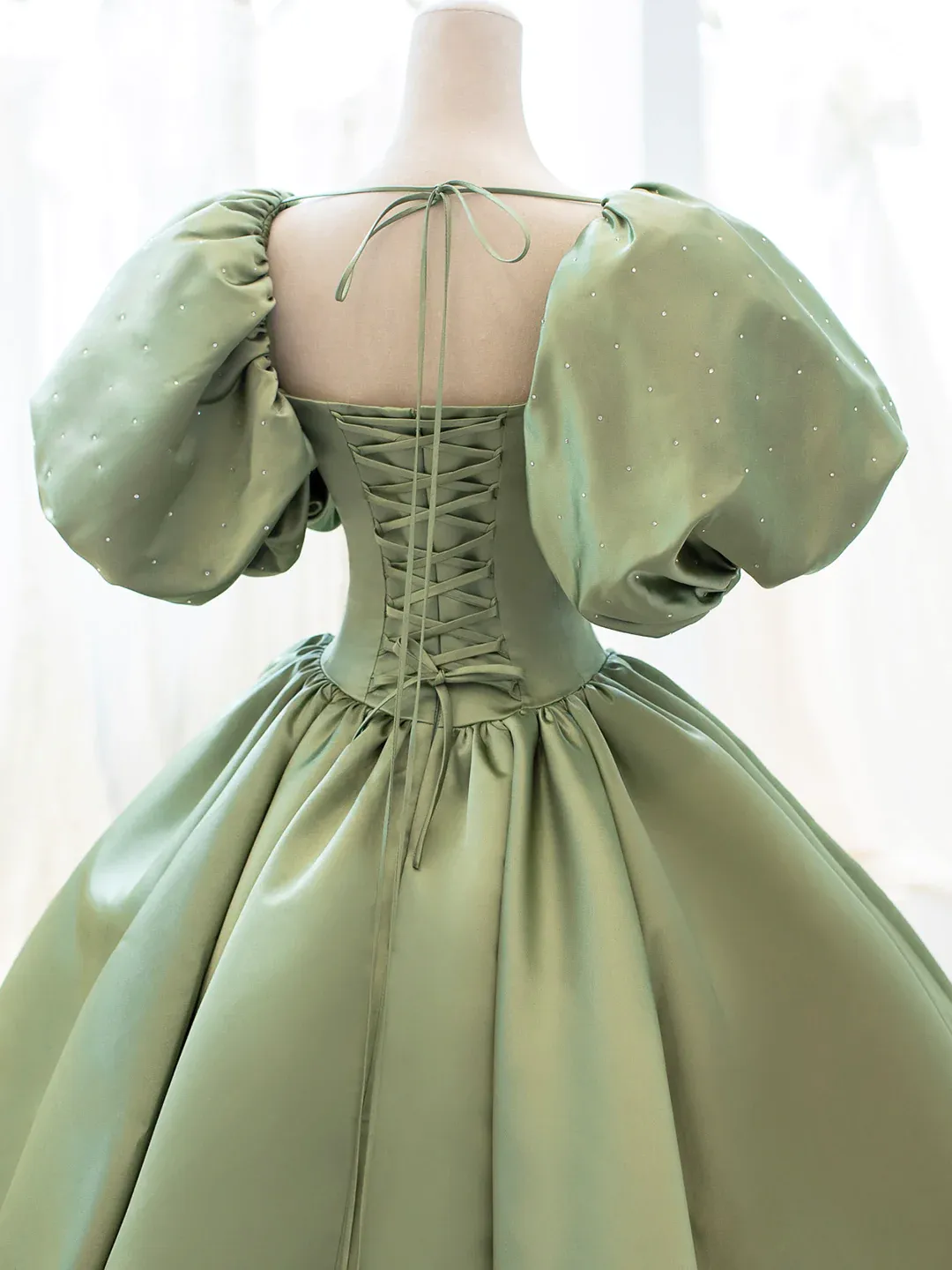 Green Satin Short Sleeves Ball Gown Long Formal Dress, Green Sweet 16 Dress