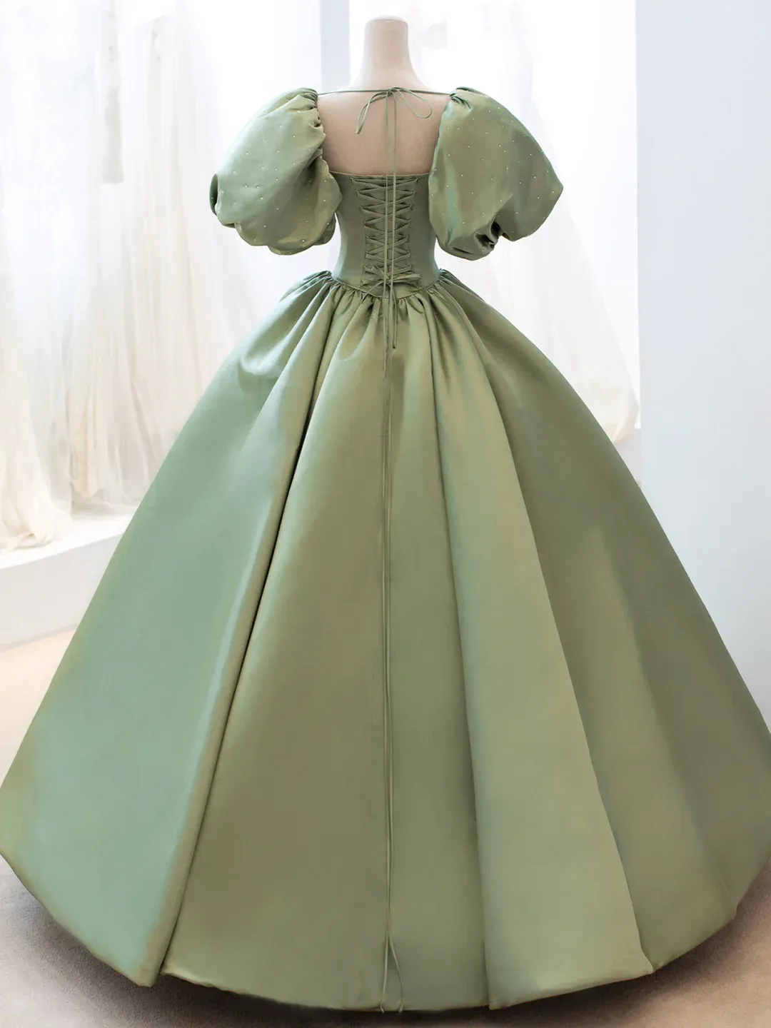 Green Satin Short Sleeves Ball Gown Long Formal Dress, Green Sweet 16 Dress