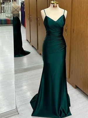 Green Satin V-neckline Mermaid Straps Evening Gown, Green Satin Prom Dress