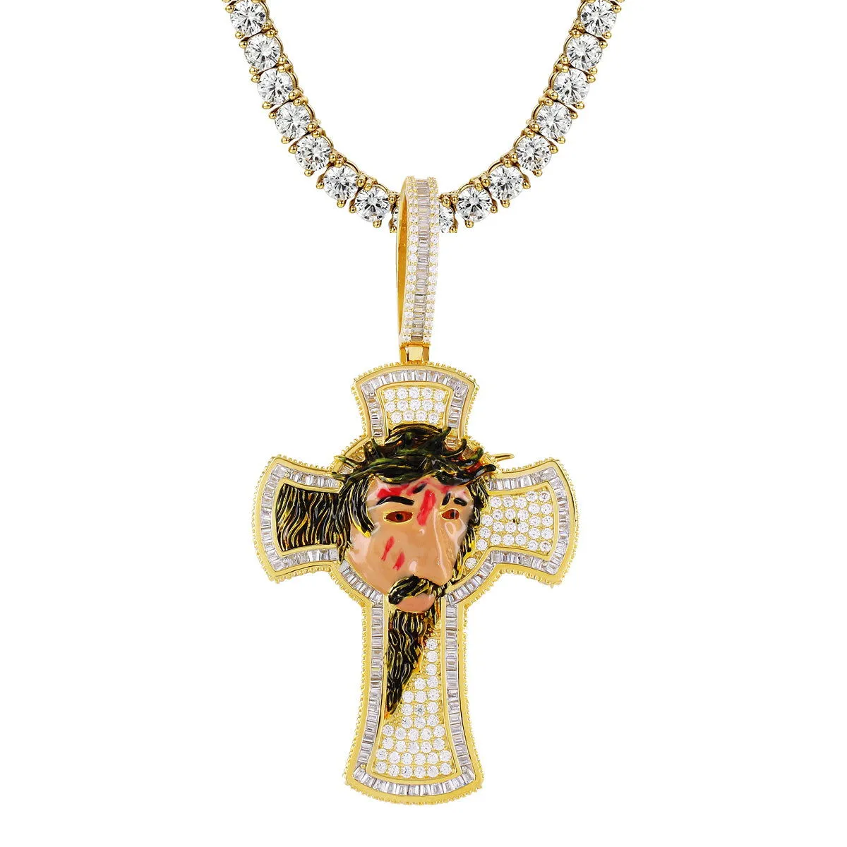 Mens Baguette Jesus 3D Face Cross Icy Gold Tone Pendant