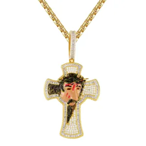 Mens Baguette Jesus 3D Face Cross Icy Gold Tone Pendant