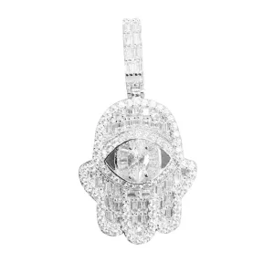 Mens Evil Eye Hamsa Hand Baguette White Tone Pendant