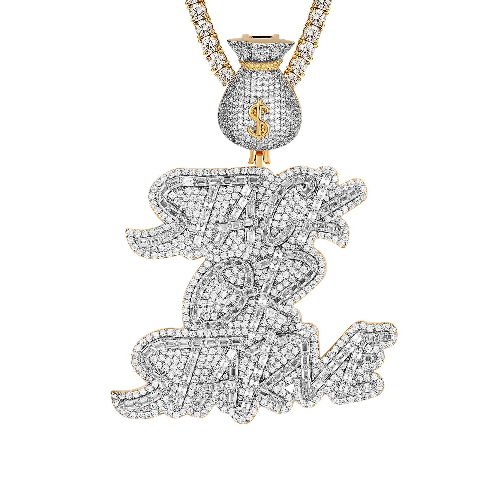 Mens Money Dollar Bag Stack Or Starve Icy Gold Tone Pendant