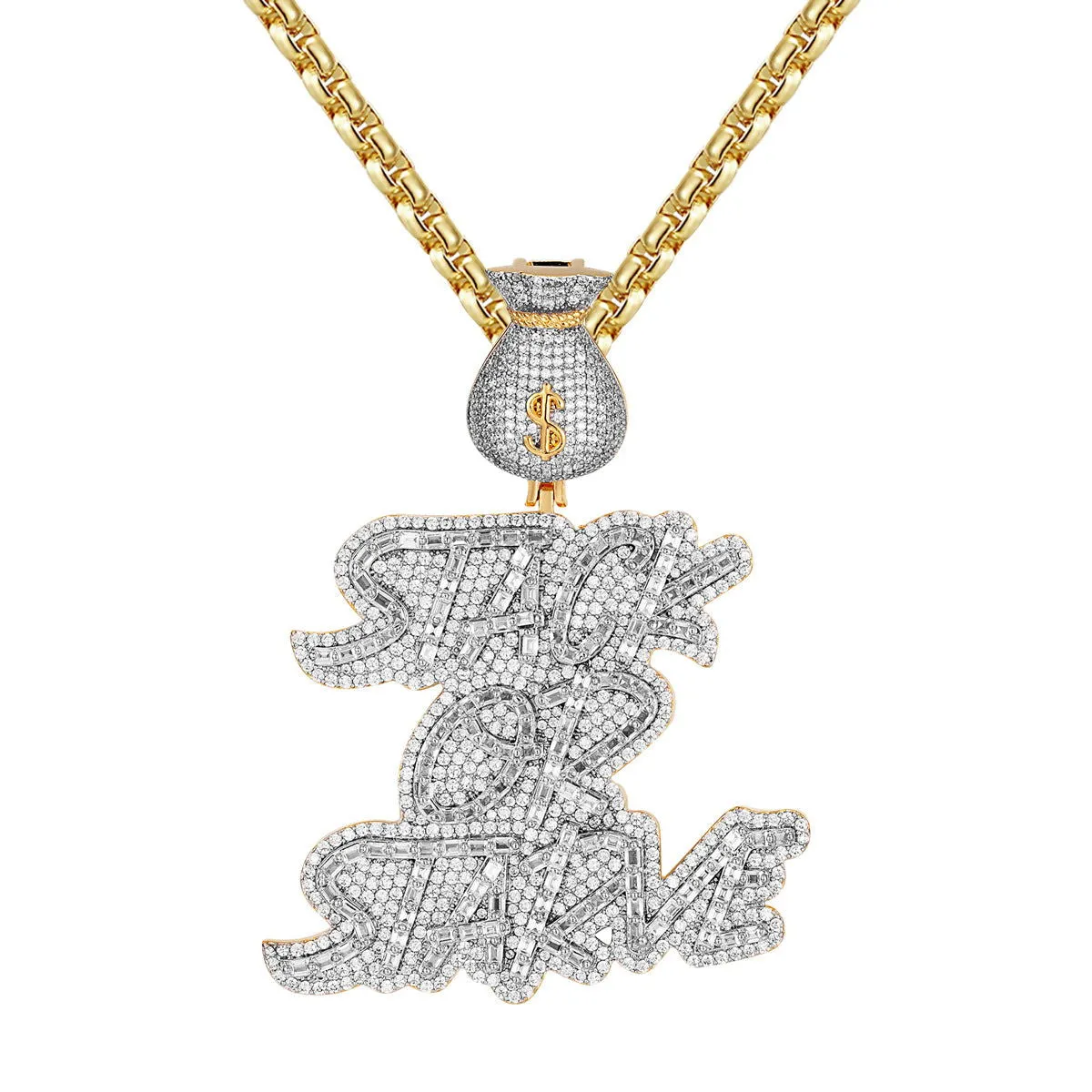 Mens Money Dollar Bag Stack Or Starve Icy Gold Tone Pendant