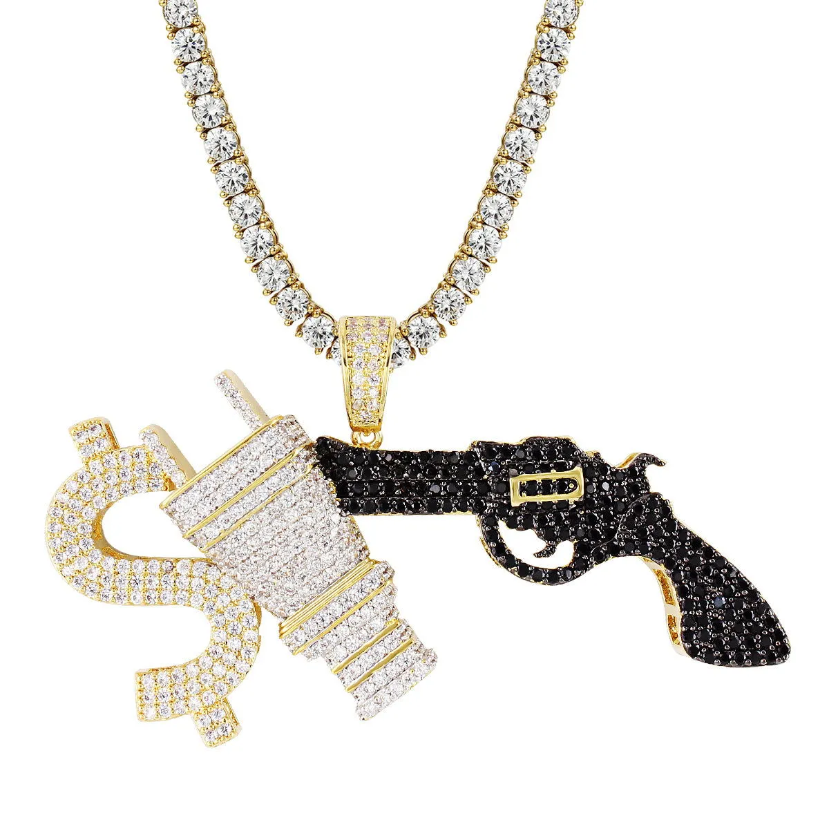 Money Power Respect Dollar Gun Iced Pendant Chain