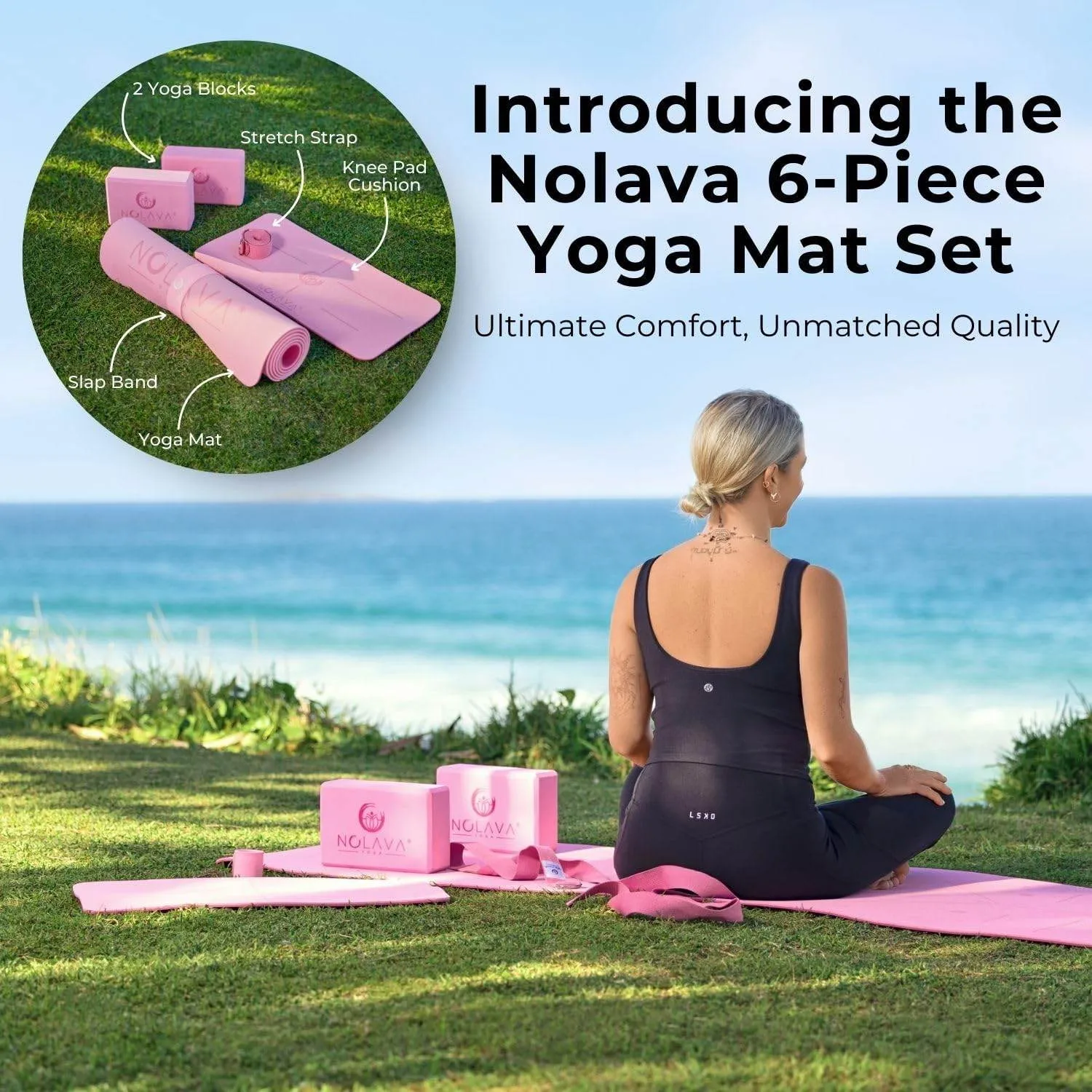 NOLAVA Yoga Mats & Complete Sets - TPE, Non-Slip, Eco-Friendly - Includes Mat, Blocks, Strap, & More (6pc or 7pc Sets) - For Pilates, Yoga & Fitness