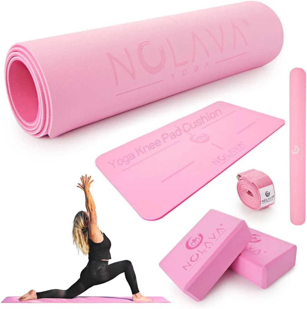 NOLAVA Yoga Mats & Complete Sets - TPE, Non-Slip, Eco-Friendly - Includes Mat, Blocks, Strap, & More (6pc or 7pc Sets) - For Pilates, Yoga & Fitness