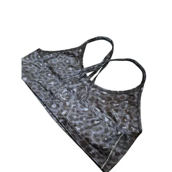 NWOT Beyond Yoga Women Large Lux Atlas Bra Shimmery Navy Blue Black Animal Print