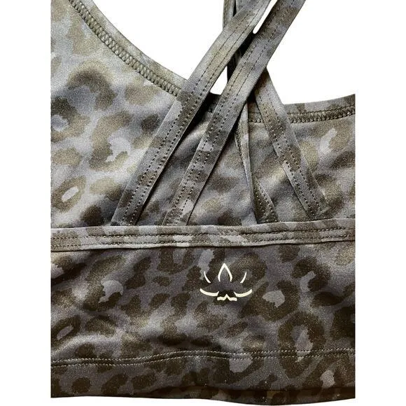 NWOT Beyond Yoga Women Large Lux Atlas Bra Shimmery Navy Blue Black Animal Print