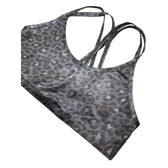 NWOT Beyond Yoga Women Large Lux Atlas Bra Shimmery Navy Blue Black Animal Print