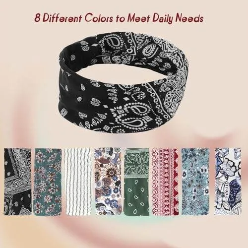 obeoby Headbands for Women, 8 Pack Boho Style Headbands Non Slip Fashion Wide Headband Hair Wrap for Daily Use Sport Yoga Running