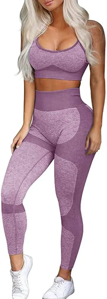 OLCHEE Women’s Workout Sets 2 Piece - Seamless Yoga Leggings and Cross-Strap Sports Bra Gym Outfits Activewear Matching Set - Purple X-Large