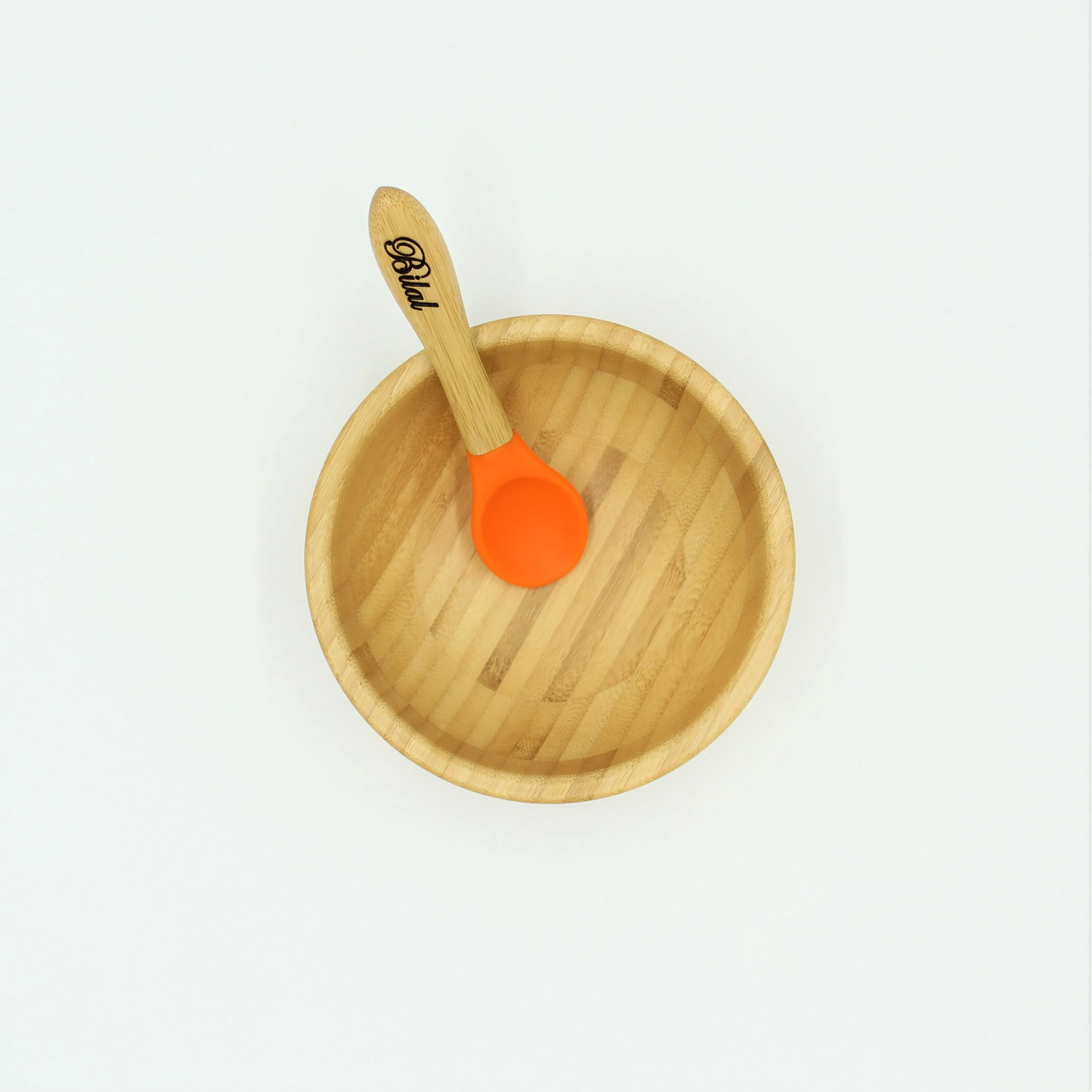 Personalised Wooden Tiny Dining  Bamboo Bowl with suction cup and Spoon- Orange - By Babba Box