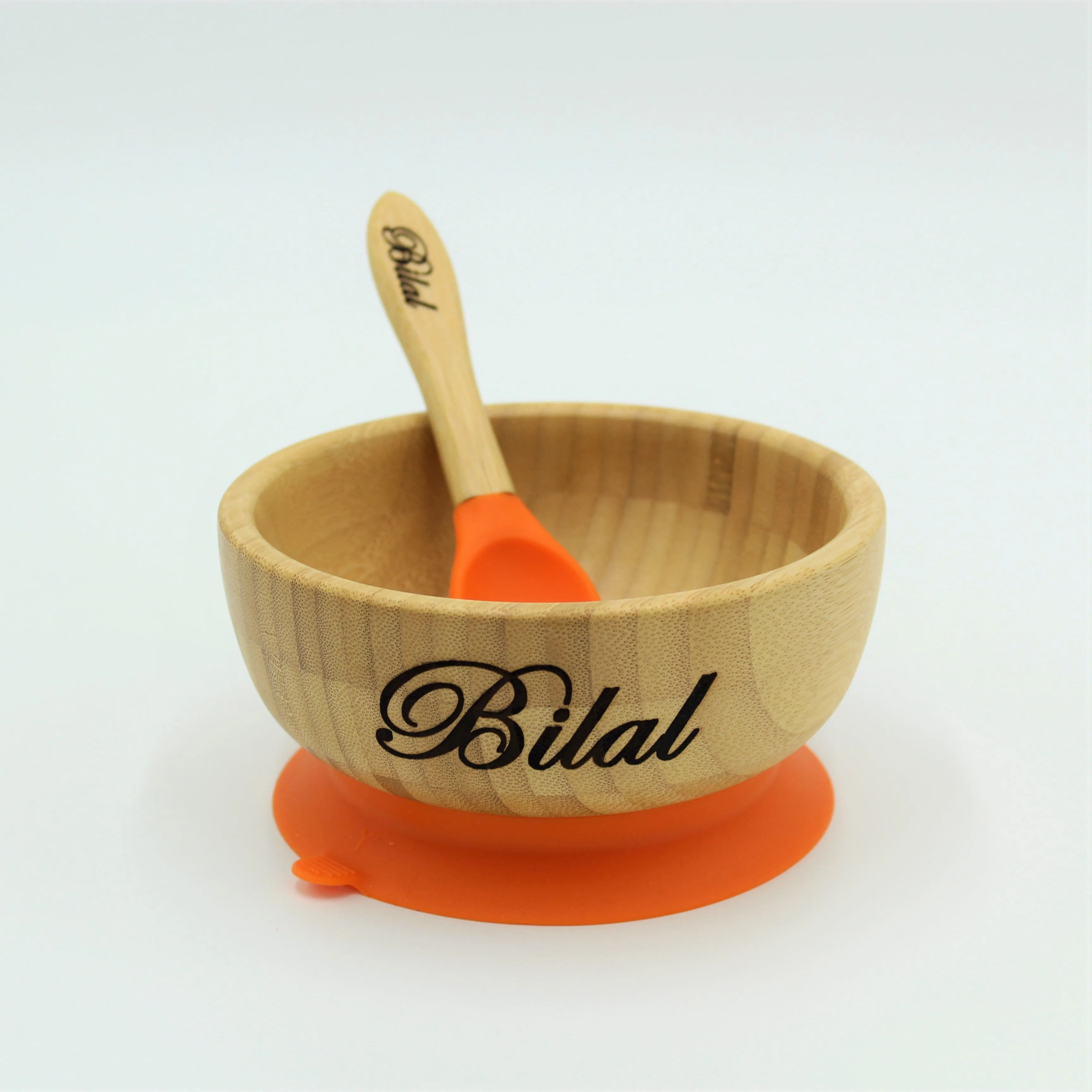 Personalised Wooden Tiny Dining  Bamboo Bowl with suction cup and Spoon- Orange - By Babba Box