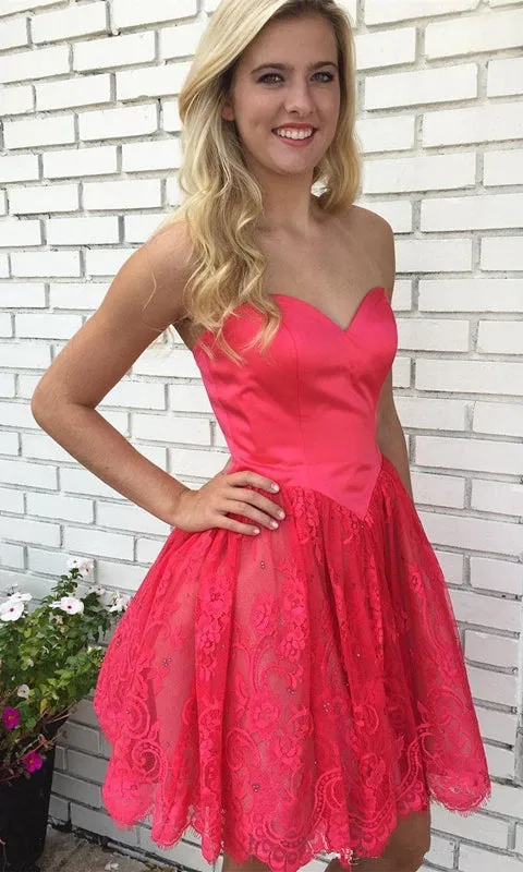 Red Strapless Lace Applique Short Homecoming Dresses
