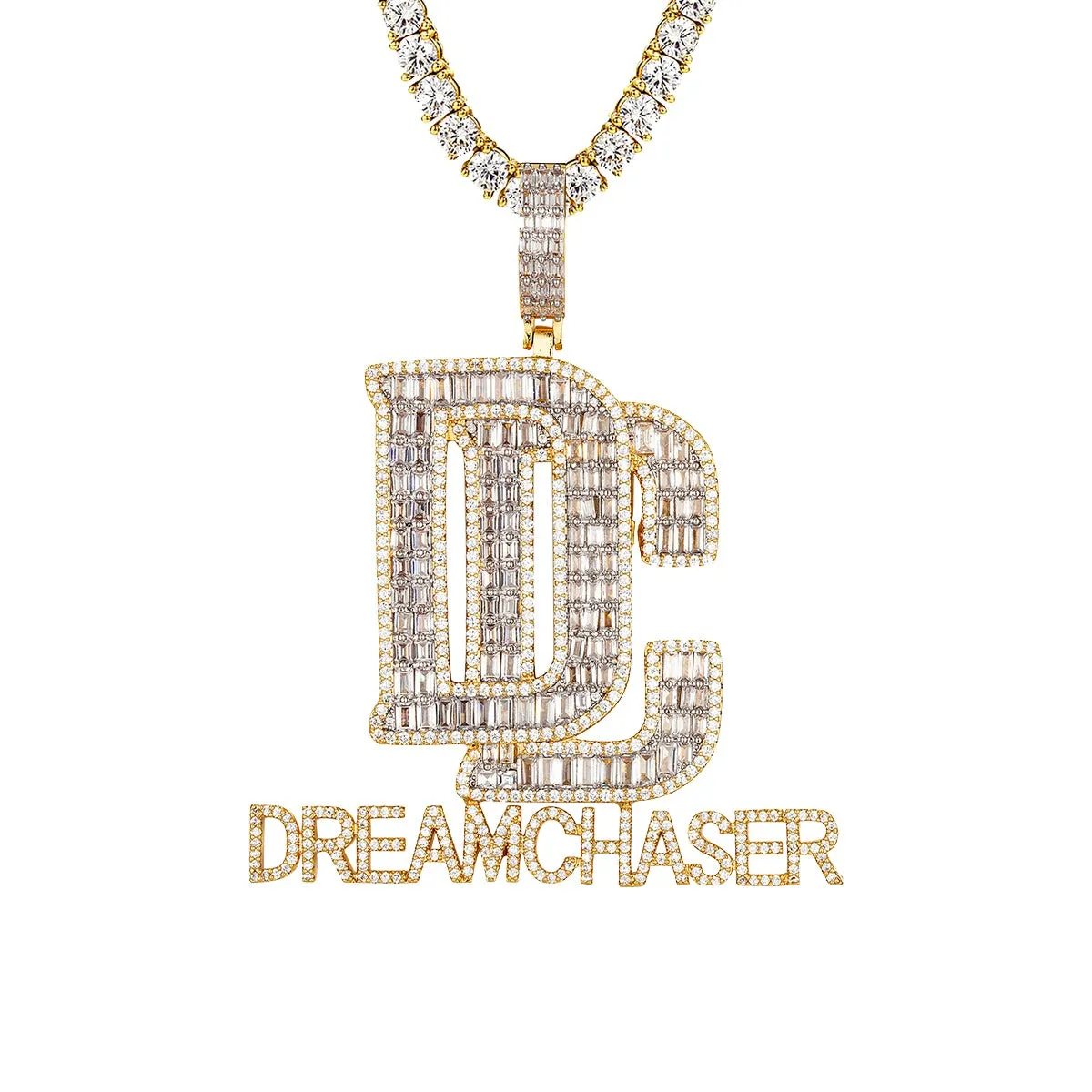 Yellow Gold Tone Baguette DC Dream Chaser Icy Mens Pendant