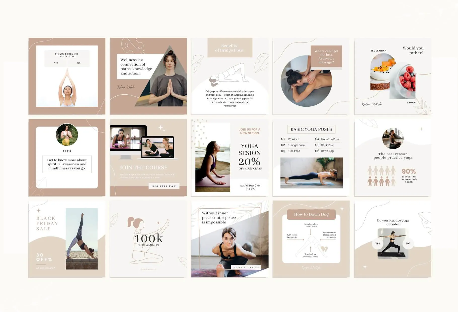 YOGA Elegant 97 Done-for-You Yoga Instagram Posts Fully Editable Canva Templates