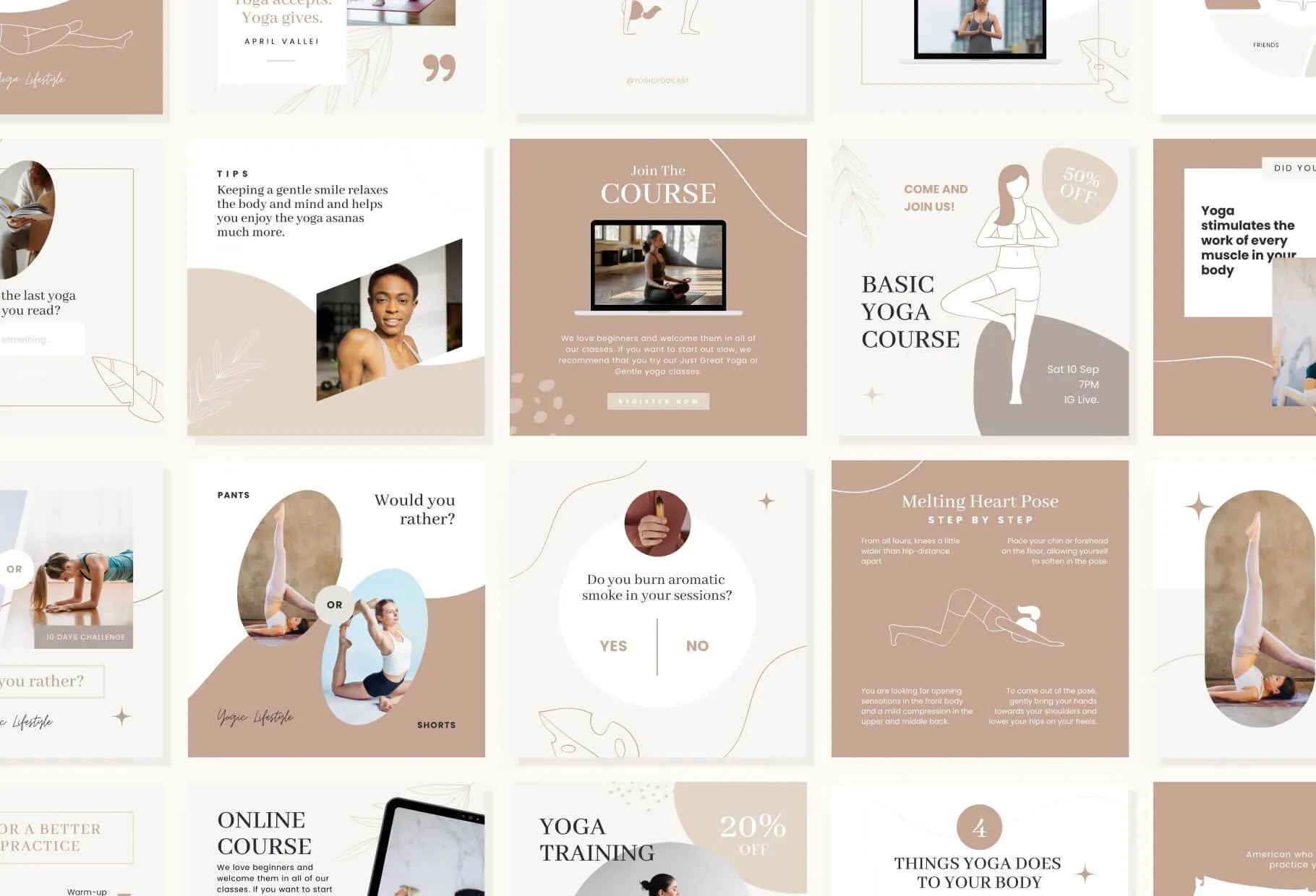 YOGA Elegant 97 Done-for-You Yoga Instagram Posts Fully Editable Canva Templates