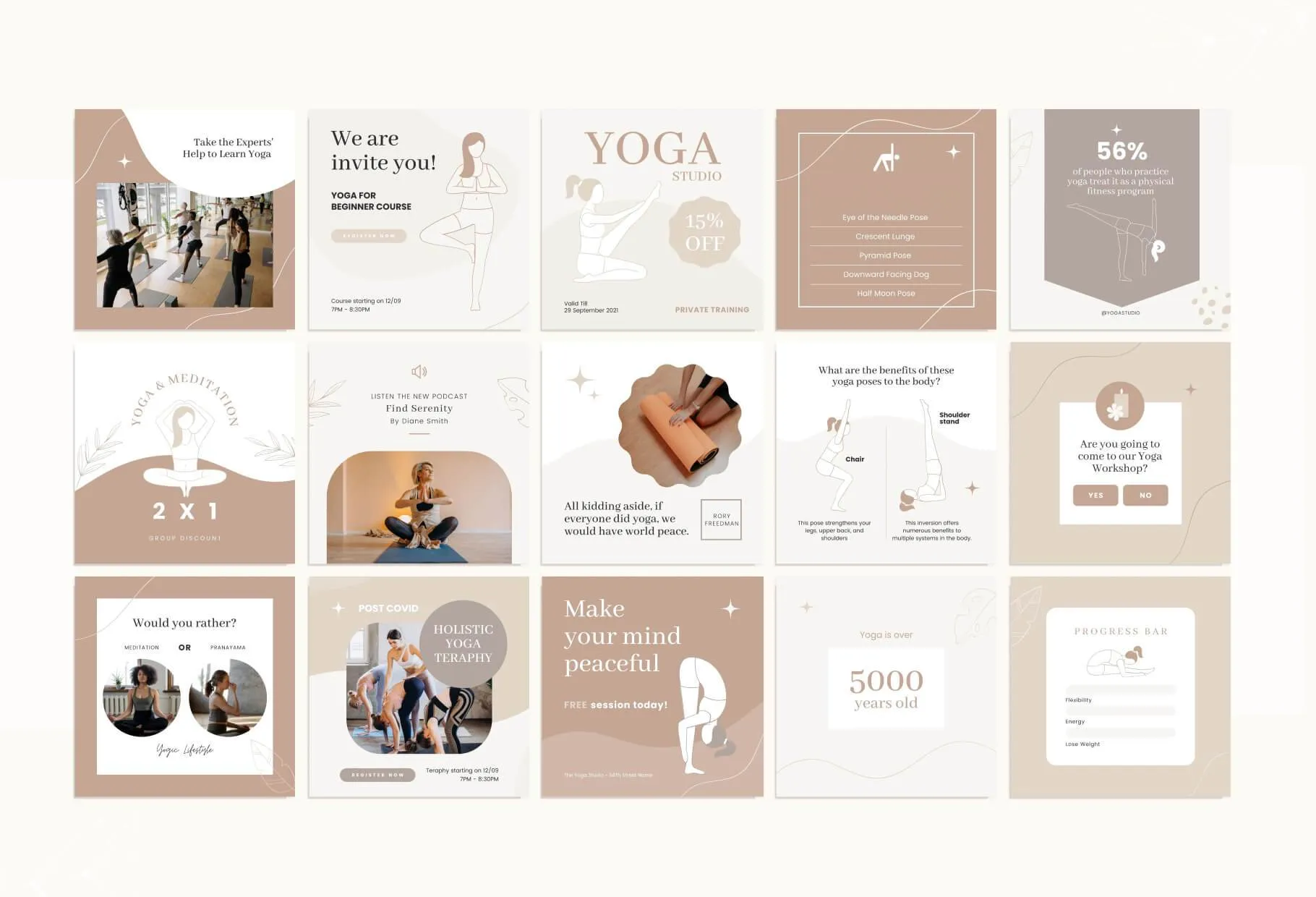 YOGA Elegant 97 Done-for-You Yoga Instagram Posts Fully Editable Canva Templates