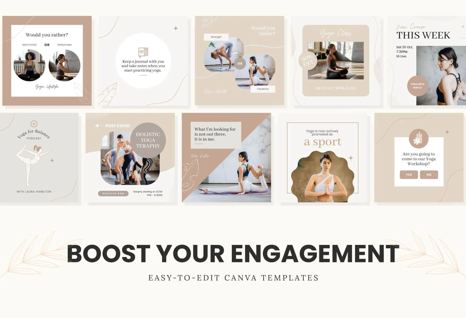 YOGA Elegant 97 Done-for-You Yoga Instagram Posts Fully Editable Canva Templates