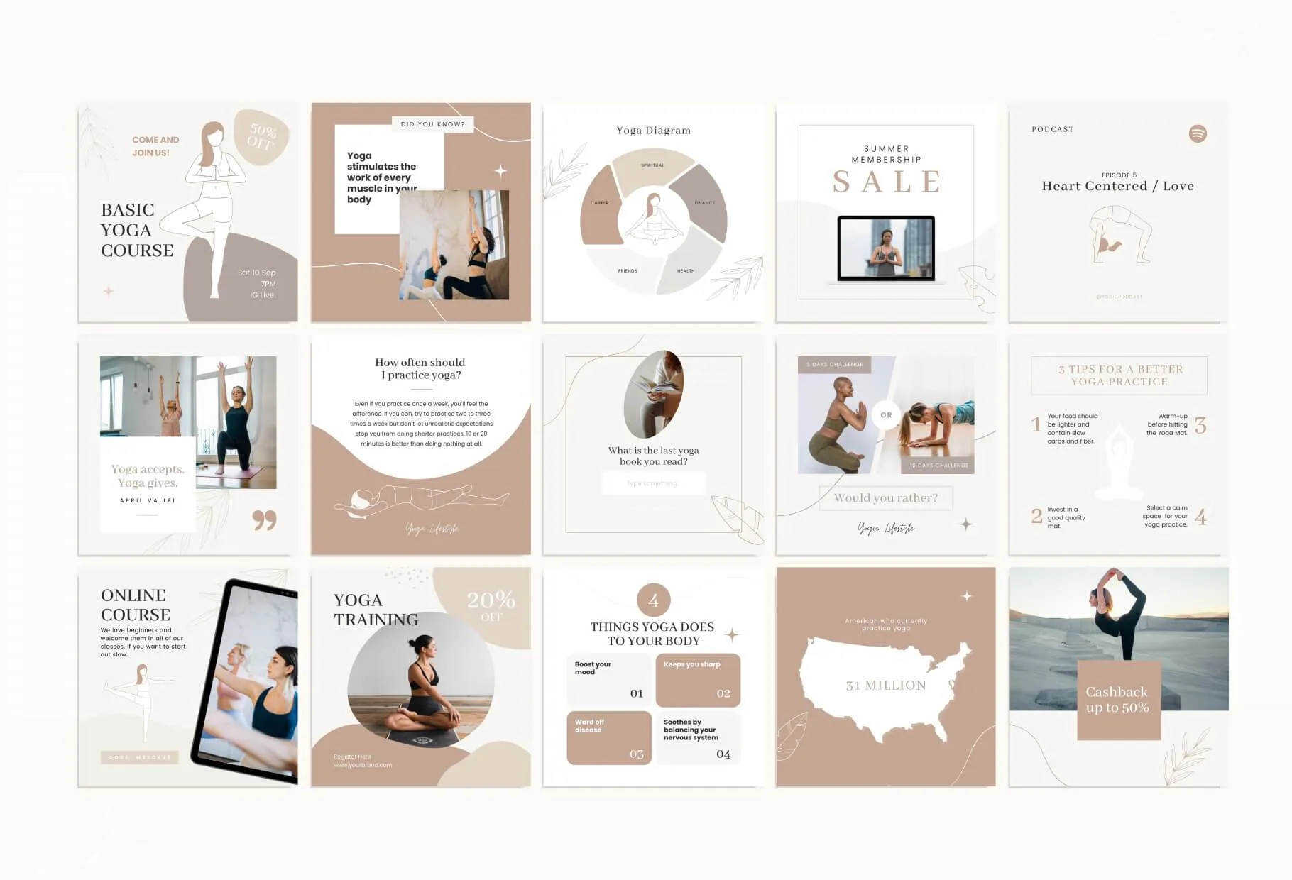 YOGA Elegant 97 Done-for-You Yoga Instagram Posts Fully Editable Canva Templates