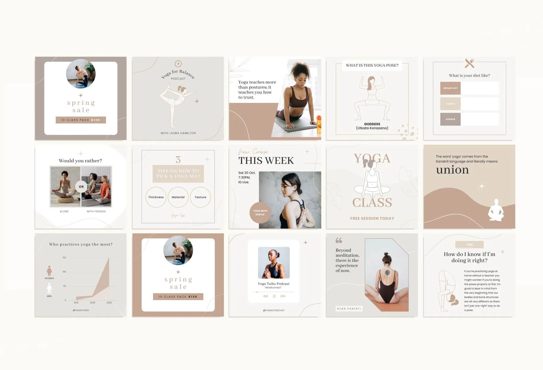 YOGA Elegant 97 Done-for-You Yoga Instagram Posts Fully Editable Canva Templates