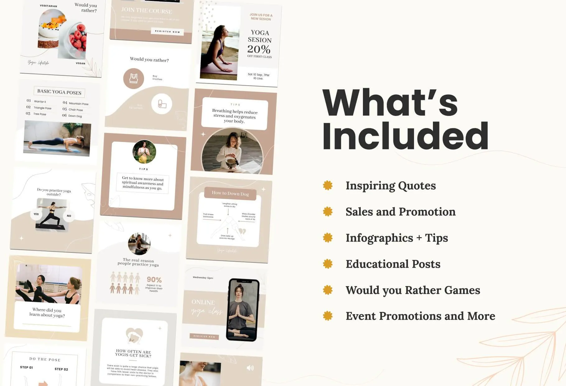 YOGA Elegant 97 Done-for-You Yoga Instagram Posts Fully Editable Canva Templates