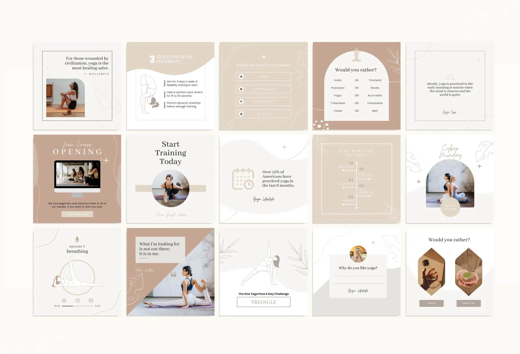 YOGA Elegant 97 Done-for-You Yoga Instagram Posts Fully Editable Canva Templates