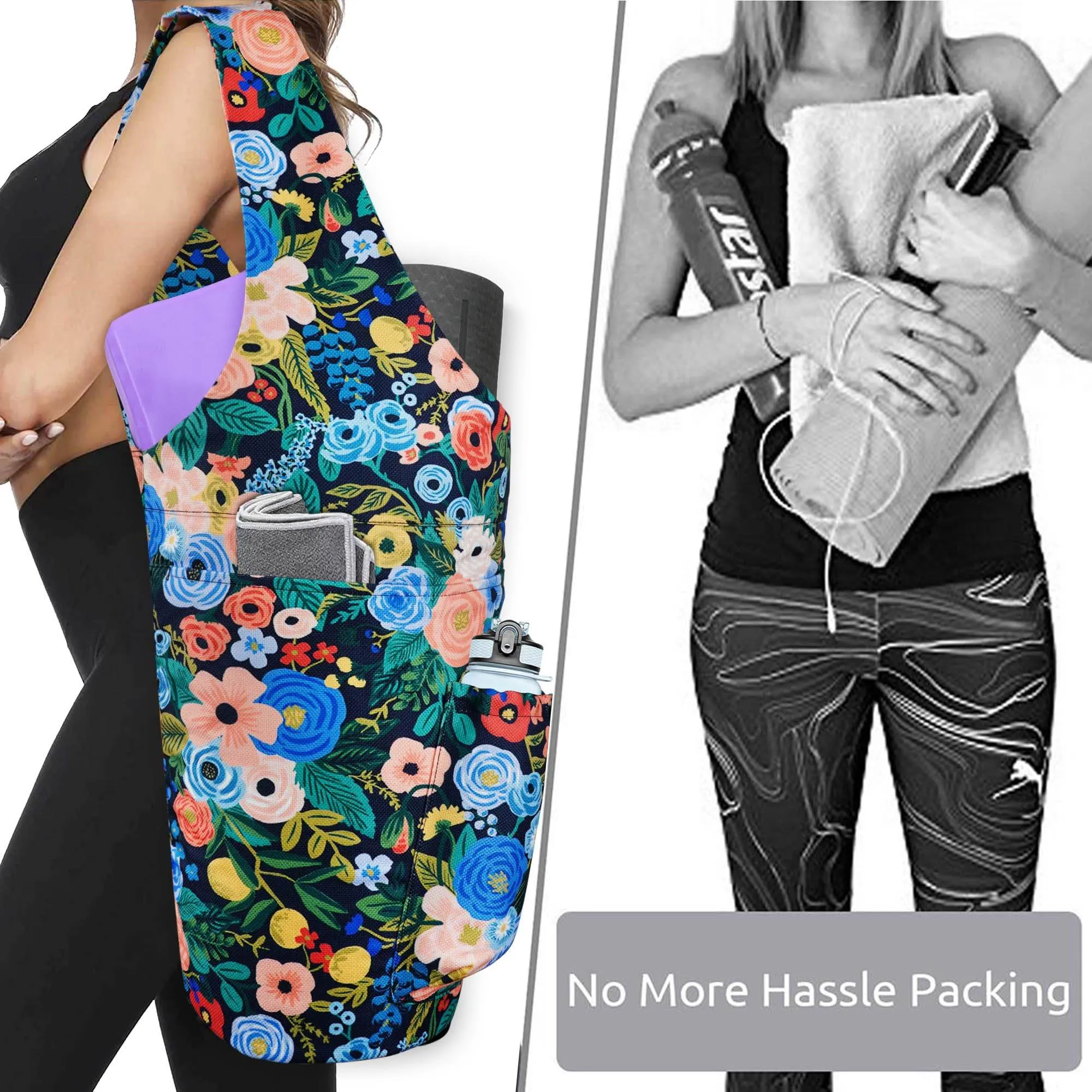 Yoga Mat Bag - Large Opening Long Tote Yoga Mat Carrier Holder Bag with Waterproof Wet Zipper Pocket and Drawstring Water Bottle Pocket - Yoga Bag Fit Most Size Mats - Floral