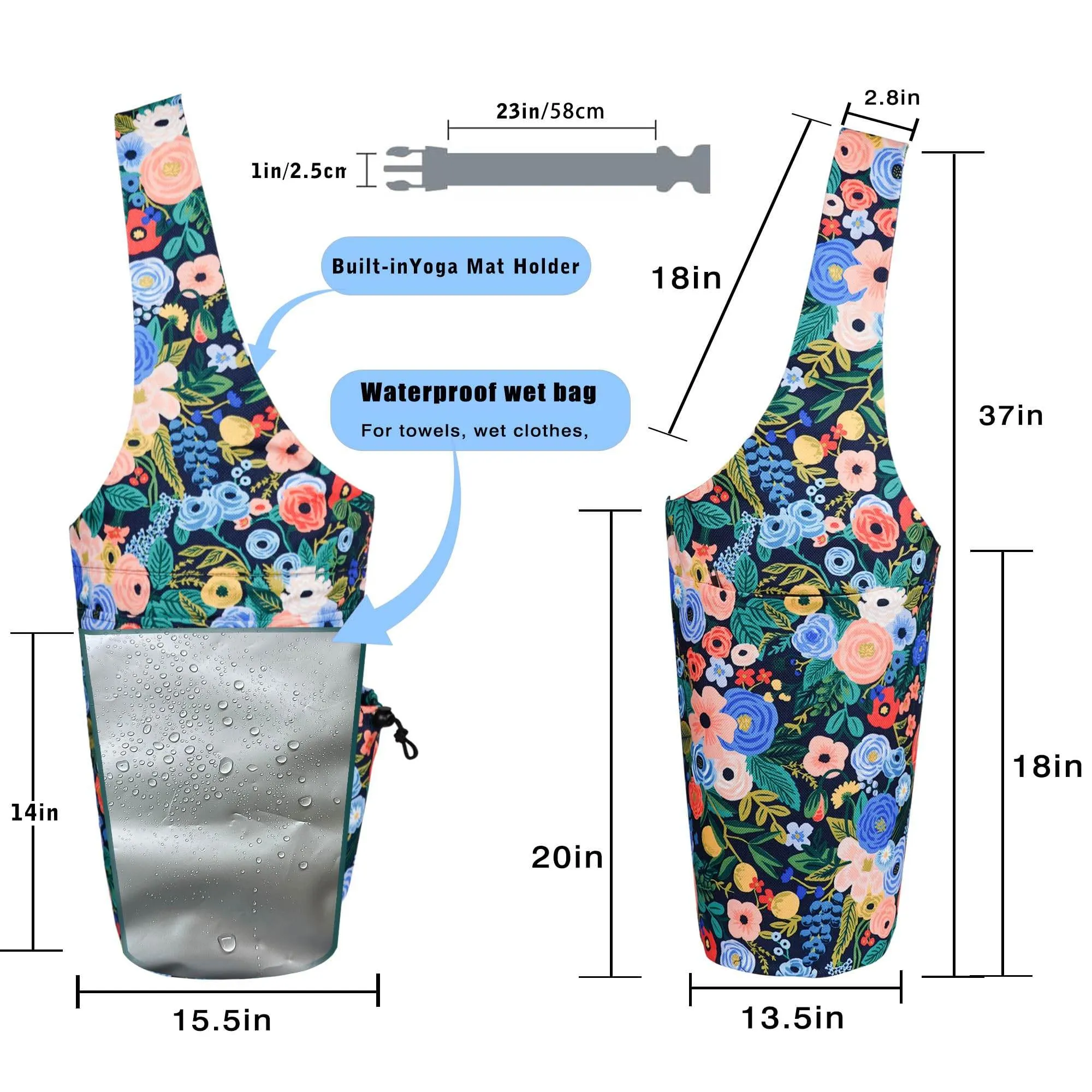 Yoga Mat Bag - Large Opening Long Tote Yoga Mat Carrier Holder Bag with Waterproof Wet Zipper Pocket and Drawstring Water Bottle Pocket - Yoga Bag Fit Most Size Mats - Floral