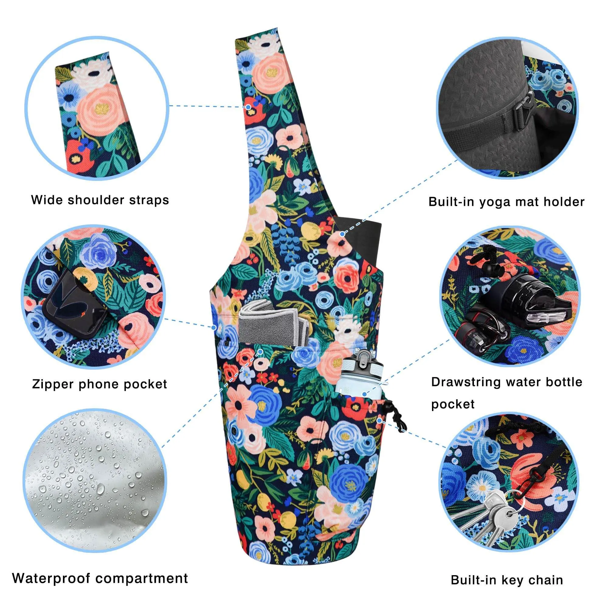 Yoga Mat Bag - Large Opening Long Tote Yoga Mat Carrier Holder Bag with Waterproof Wet Zipper Pocket and Drawstring Water Bottle Pocket - Yoga Bag Fit Most Size Mats - Floral