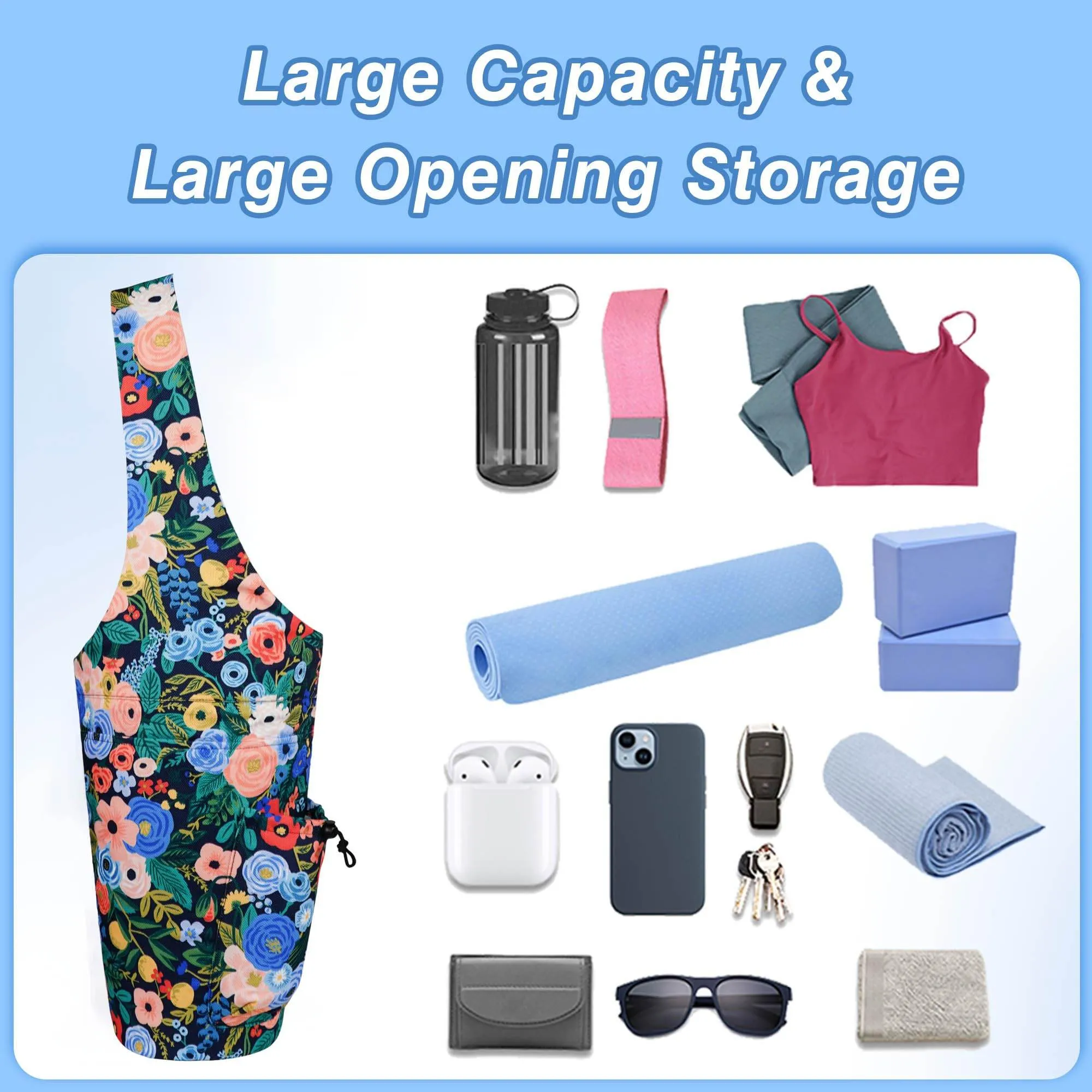 Yoga Mat Bag - Large Opening Long Tote Yoga Mat Carrier Holder Bag with Waterproof Wet Zipper Pocket and Drawstring Water Bottle Pocket - Yoga Bag Fit Most Size Mats - Floral