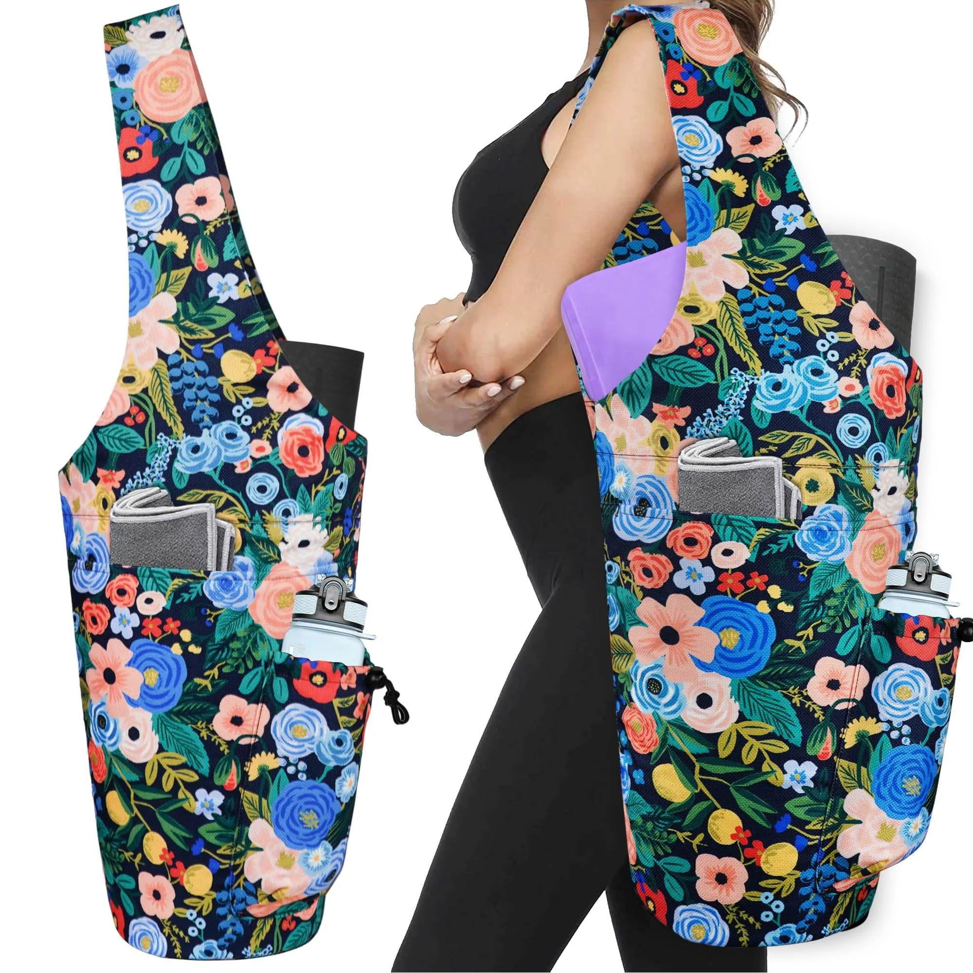 Yoga Mat Bag - Large Opening Long Tote Yoga Mat Carrier Holder Bag with Waterproof Wet Zipper Pocket and Drawstring Water Bottle Pocket - Yoga Bag Fit Most Size Mats - Floral