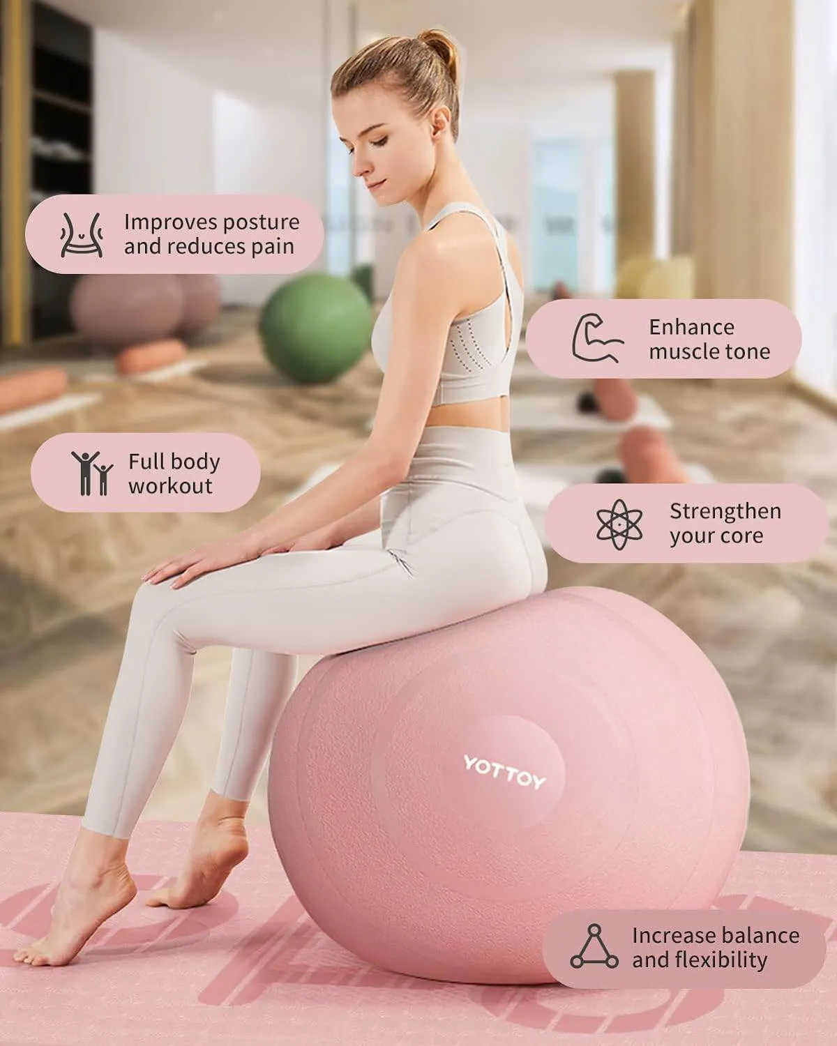 YOTTOY Anti-Burst Exercise Ball for Working Out, Yoga Ball for Pregnancy,Extra Thick Workout Ball for Physical Therapy,Stability Ball for Ball Chair Fitness with Pump